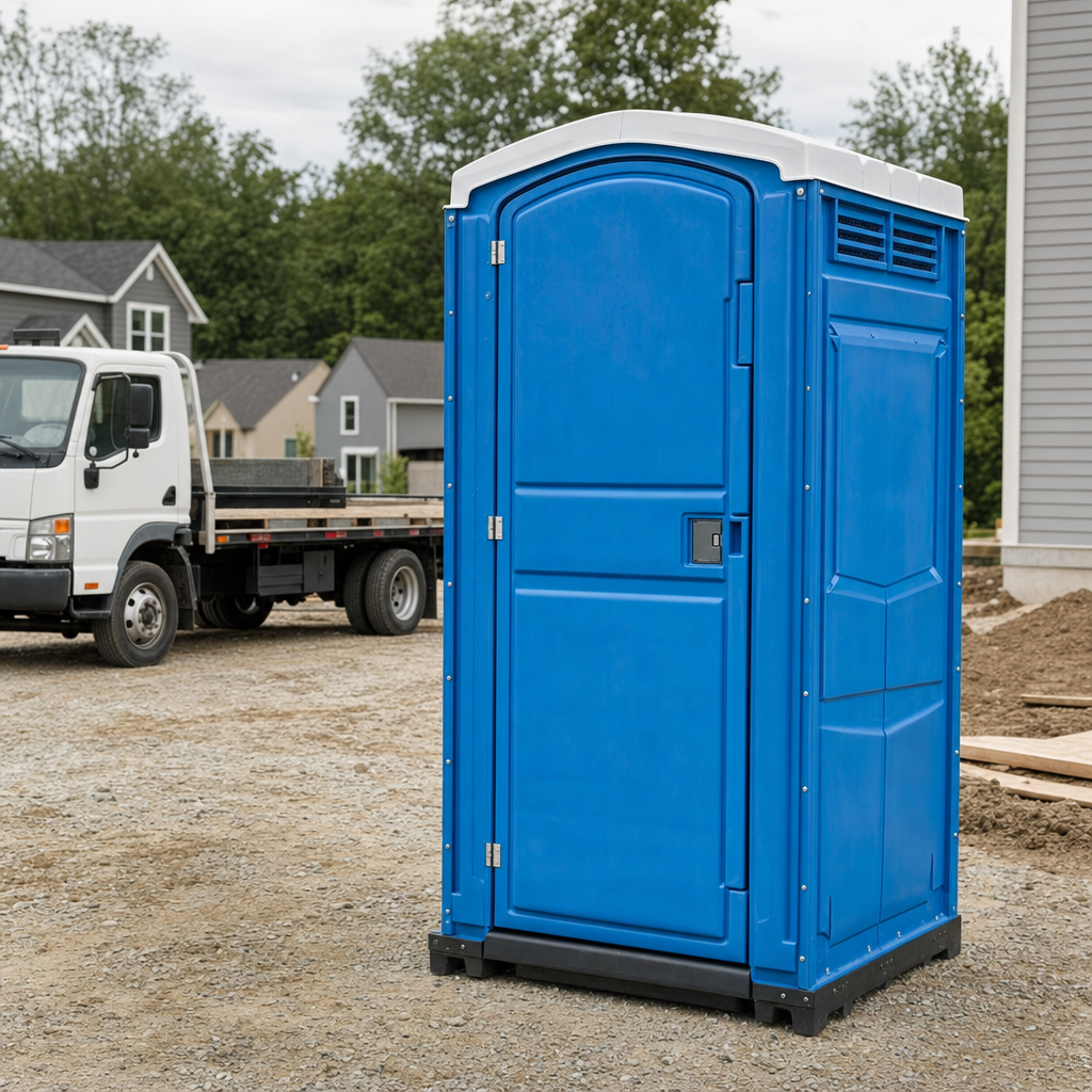 Delivery driver positioning a clean royal-blue portable toilet on level ground at a Memphis worksite