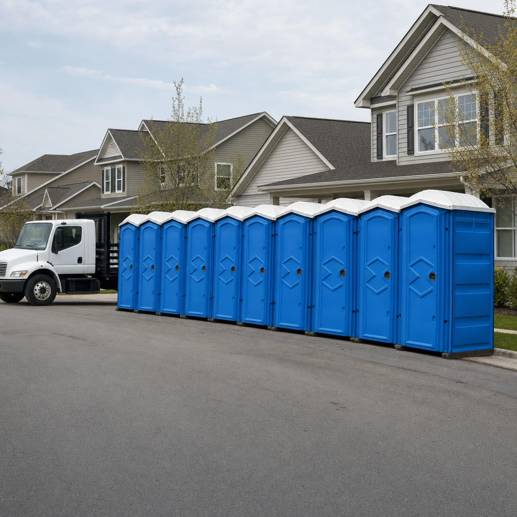 Royal blue portable toilets staged in a tidy row at a Memphis jobsite, ready for delivery